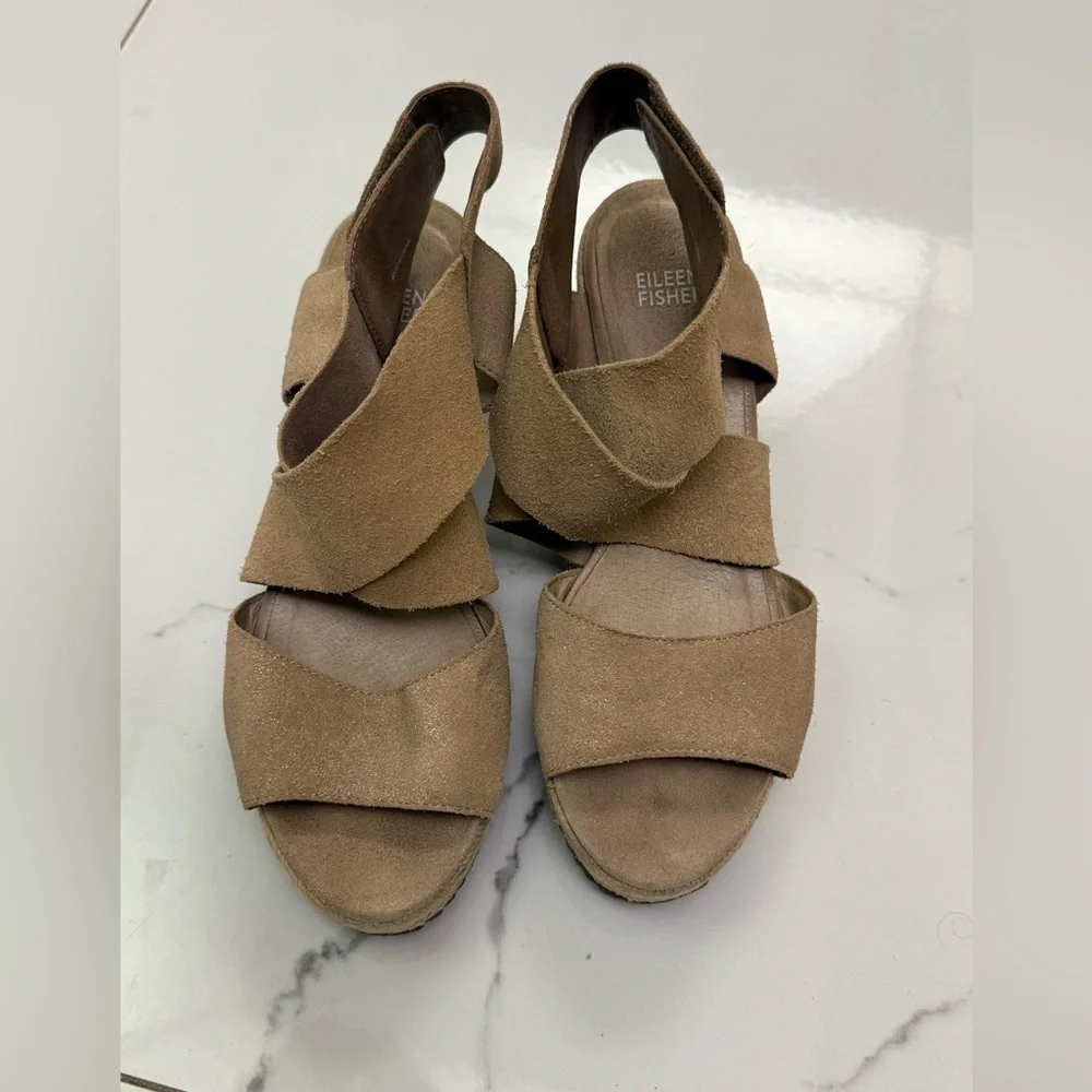 Eileen Fisher Tan Wedge Sandals with Elastic Straps Size 8 1/2